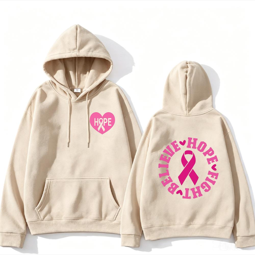 Believe Hope Fight Breast Cancer Awareness Hoodie Pink Ribbon Heart Letter Graphic Front Back Print Cancer Warrior Hooded Tops