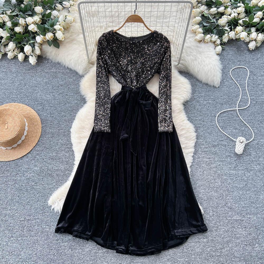 Chic Vintage Sequin Velour Long Sleeve Elegant Fairy Korean Fashion Autumn Fashion Dresses Women Clothing