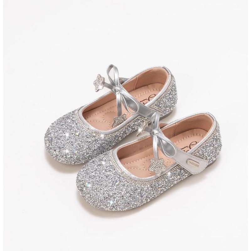 Girls Glitter Mary Jane Shoes Bow Strap Sparkle Soft Sole Princess Flats 23 серебряный