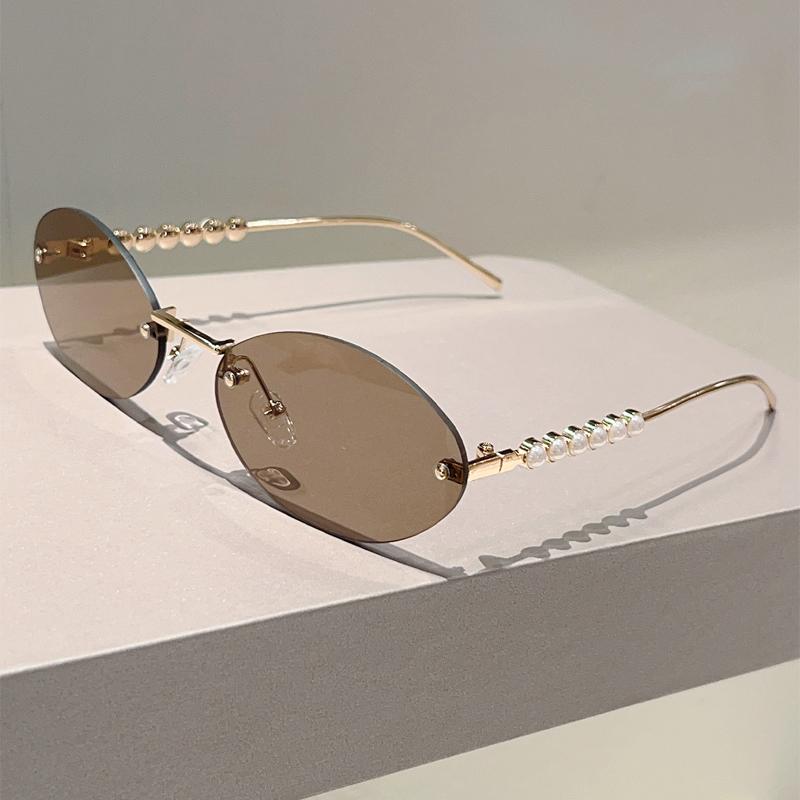 Rimless Oval Sunglasses with Pearls Women Stylish Vintage Decor Shades New Trendy Luxury Brand Design Casual Sun Glasses