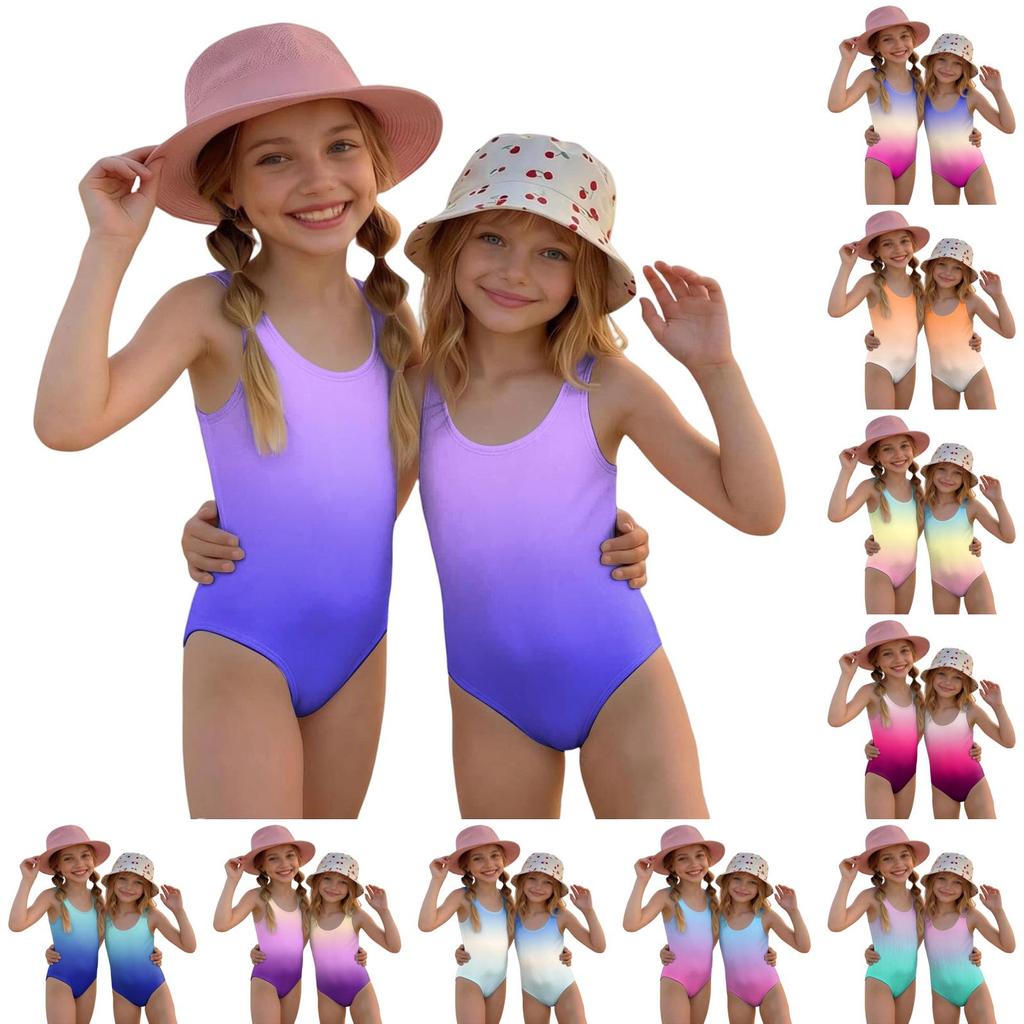 Maillot de bain une pièce pour fille Été Imprimé Dégradé Sans Manches Décontracté Maillot de bain Tenue de plage pour enfants Léger Séchage rapide