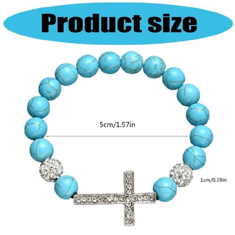 Unisex Stretchy Turquoise Bead Bracelet 10mm Stones Crucifix Symbol Adjustable Spiritual Wrist Accessory for Women Men