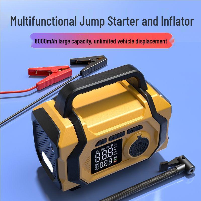 Car Emergency Jump Starter & Pump: All-in-One Ignition, Inflation, and Dust Blower.