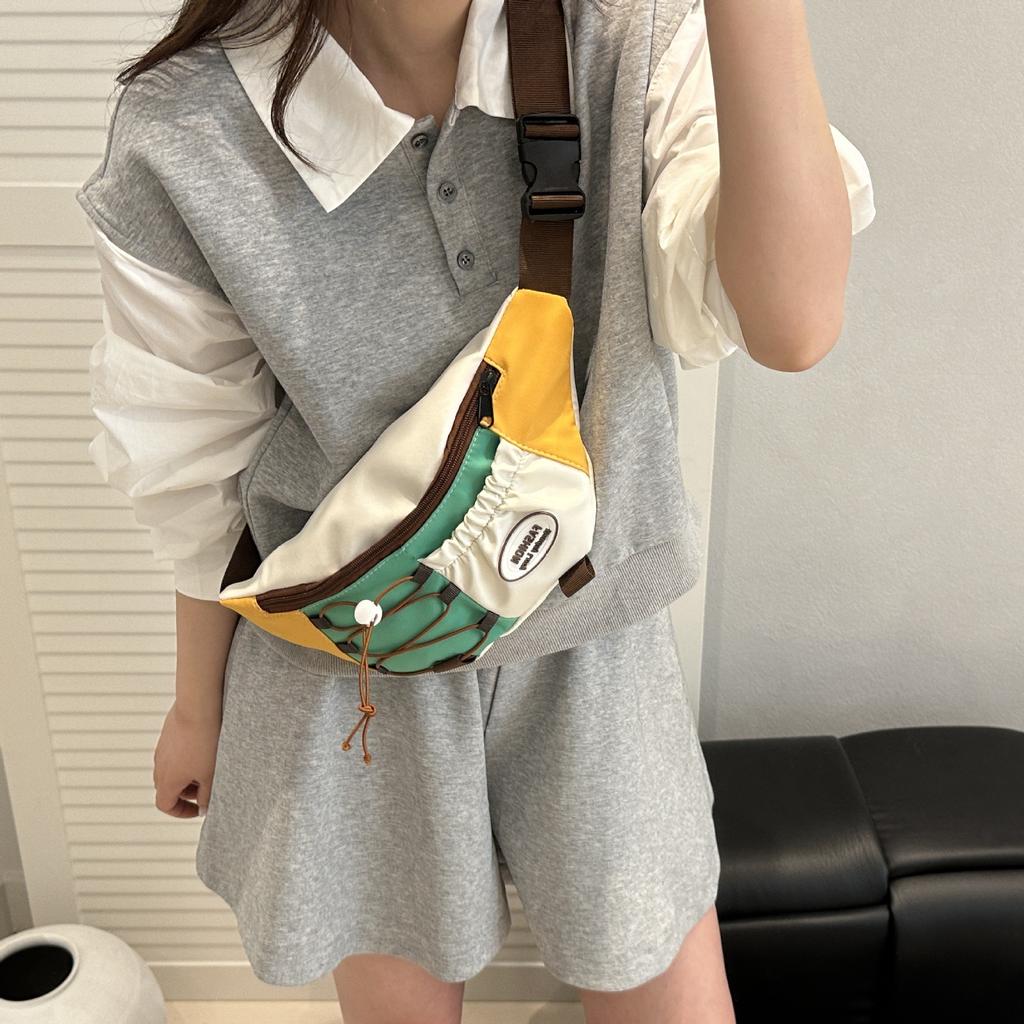 Cute Color-blocking Trendy Brand Chest Bag, Niche Design Drawstring Crossbody Bag, Versatile Sports Waist Bag for Girls