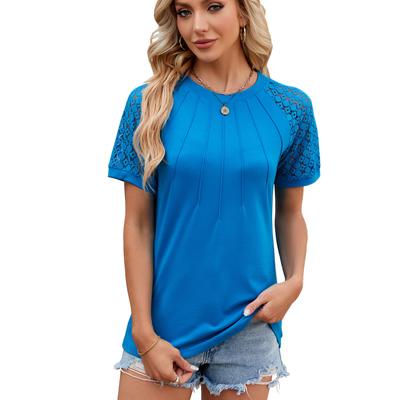 Spring Summer Solid Top for Women Round Neck Lace Patchwork Short Sleeve T-shirt