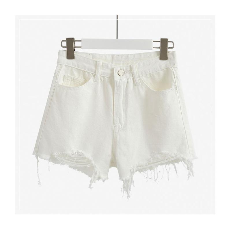 Cotton-containing Ripped High-waist Denim Shorts for Women In Summer Versatile Slim A-line Pants Bristled Wide-leg Pants for Women