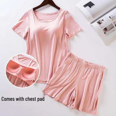 Women's Modal Pajama Set: Loose-Fit Wireless Bra, Short Sleeve Top, Shorts, Two-Piece Home Wear for Spring/Summer.
