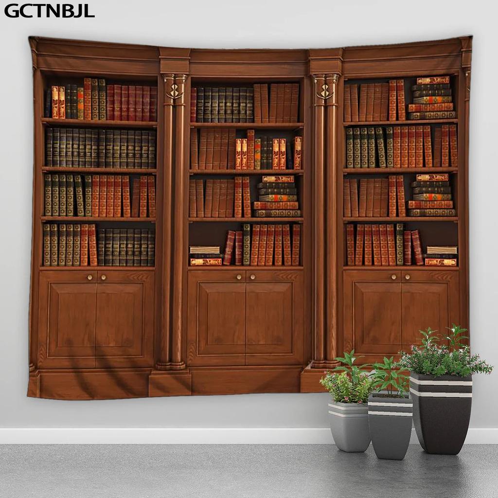 VIKAMA Retro Library Bookshelf Tapestry Modern Minimalist Study Background Cloth Literary Retro Style Living Room Decoration