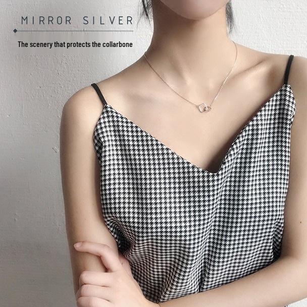 Minimalist Geometric Double Ring Zircon Necklace: S925 Silver-Plated Clavicle Chain Gift for Women