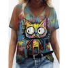 Summer V-neck Funny Cat Pattern 3D Printed Top Fashionable Casual Short Sleeved Women's T-shirts