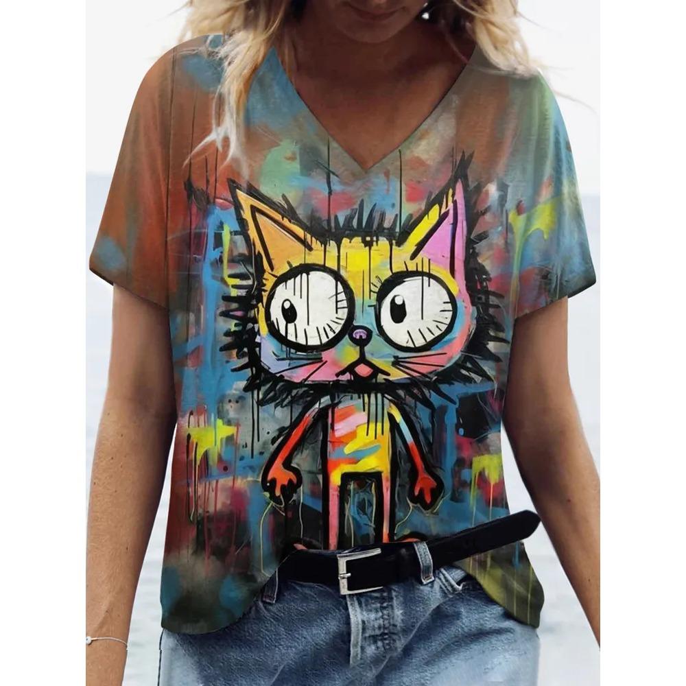 Summer V-neck Funny Cat Pattern 3D Printed Top Fashionable Casual Short Sleeved Women's T-shirts