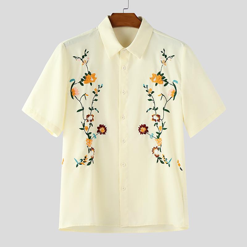 

INCERUN Oversized Men Lapel Short Sleeve Embroidery Casual Loose Hawaiian Shirts S абрикосовый