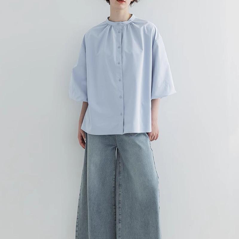 Summer Simple Loose Slim Half High Neck Three-quarter Sleeve Solid Color Pullover Chiffon Shirt Shirt Top for Women