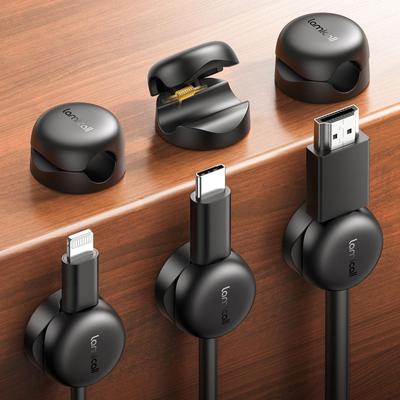 Lamicall [6-Pack Smaller] Spring-Loaded Cable Holder, Small Thick Cable Clips, Wall Cord Holder, Desktop, Strong Adhesive, USB Cable Holder,