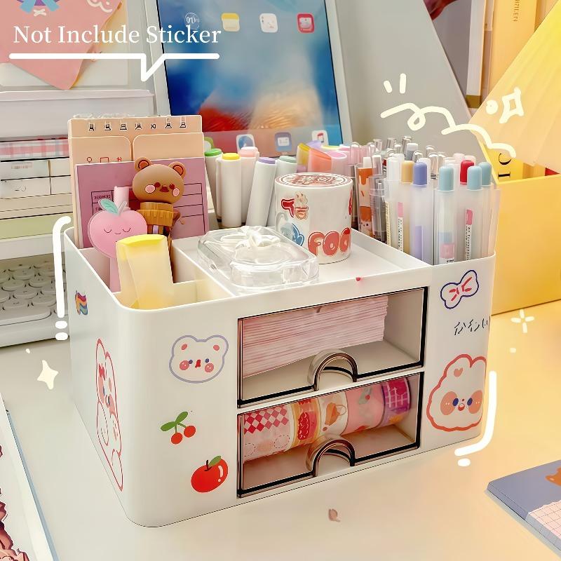Large Capacity Desk Organizer with Cute Stickers Patches Desk Drawer Storage for Makeup Brush Office School Supplies Organizer