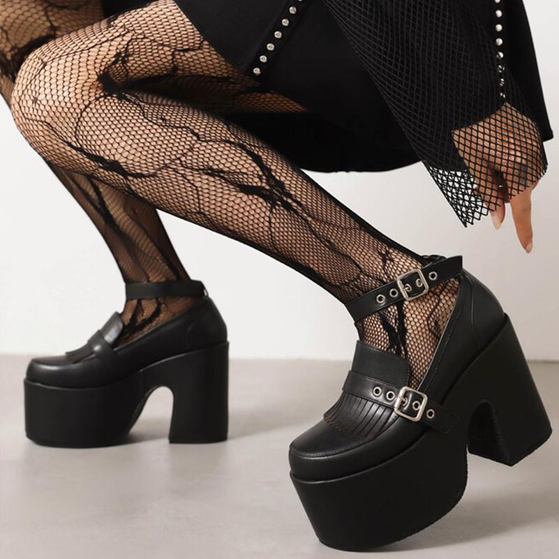 FOREADA Women Pu Leather Pumps Super High Hoof Heels Round Toe Ankle Strap Buckle Party Punk Style Spring Autumn Shoes White