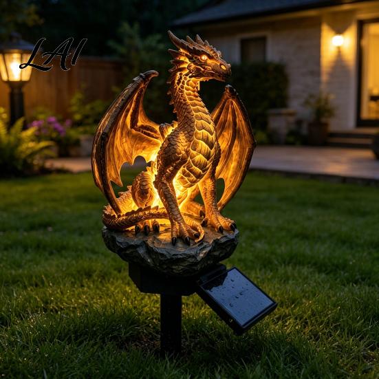 Golden Gorilla Solar Sculpture Dragon Garden Statue Light Gothic Medieval Resin Outdoor Lantern Sculpture Magical Fantasy Decor for Yard Patio,
