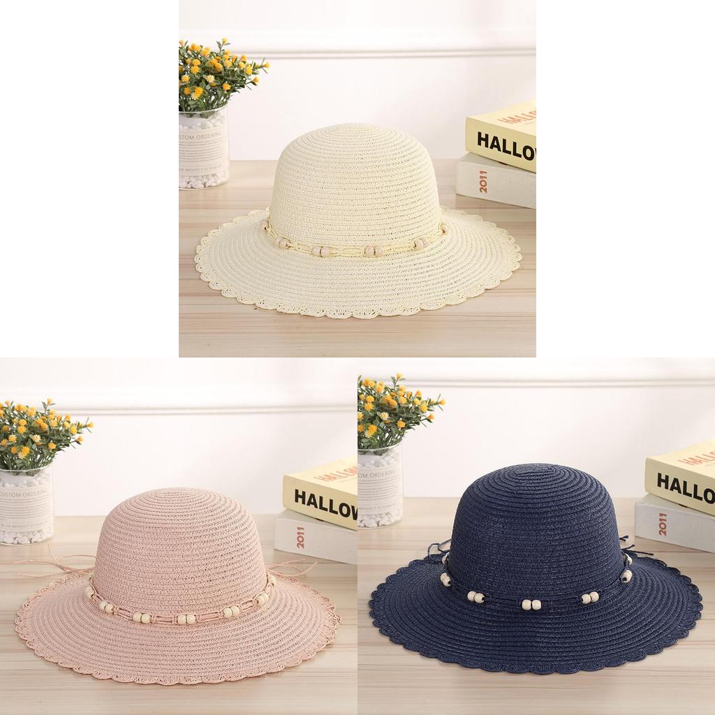 Summer Straw Hat With Wide Brim And Beaded Edge Sun Protection For Outdoor Beach Activities