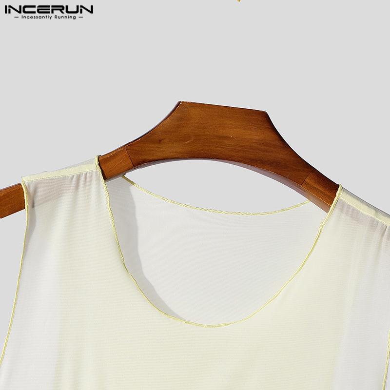 INCERUN Menn Ermeløs Mesh Patchwork Sexy Club Party Slim Tank Tops