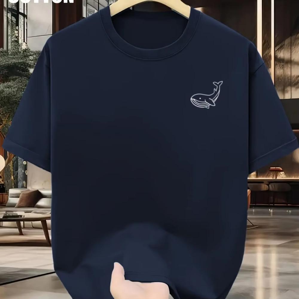 Men's Summer 100 Cotton Fashionable Casual Sports Loose Large Whale Pattern Printed Round Neck Short Sleeve T-shirt Top