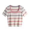 Women's Summer Rainbow Stripe Ice Silk T-Shirt, Plus Size, French Square Neck, Short Sleeve, Slimming Top