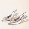 Fashion Summer 2025 New Silver Rhinestone Back Trip Banded Hollow Patent Leather Pointed Toe Stiletto Sandals for Women