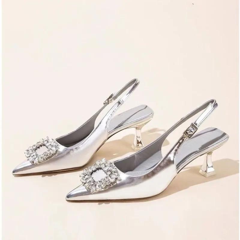 Fashion Summer 2025 New Silver Rhinestone Back Trip Banded Hollow Patent Leather Pointed Toe Stiletto Sandals for Women