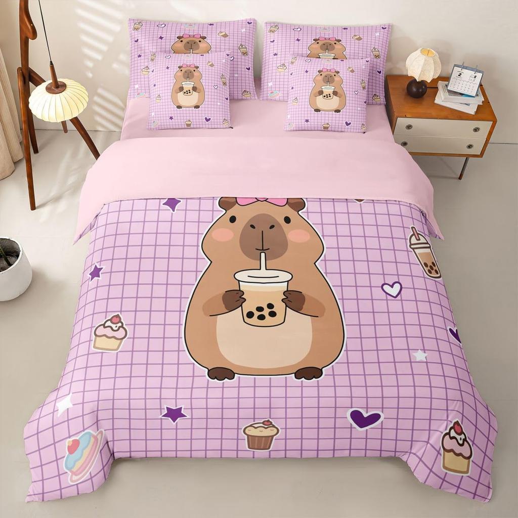 Cartoon Capybara Print Duvet Cover Set, Microfiber Comforter Cover Hidden Zipper, Hidden Zipper, All Season, Machine Washable