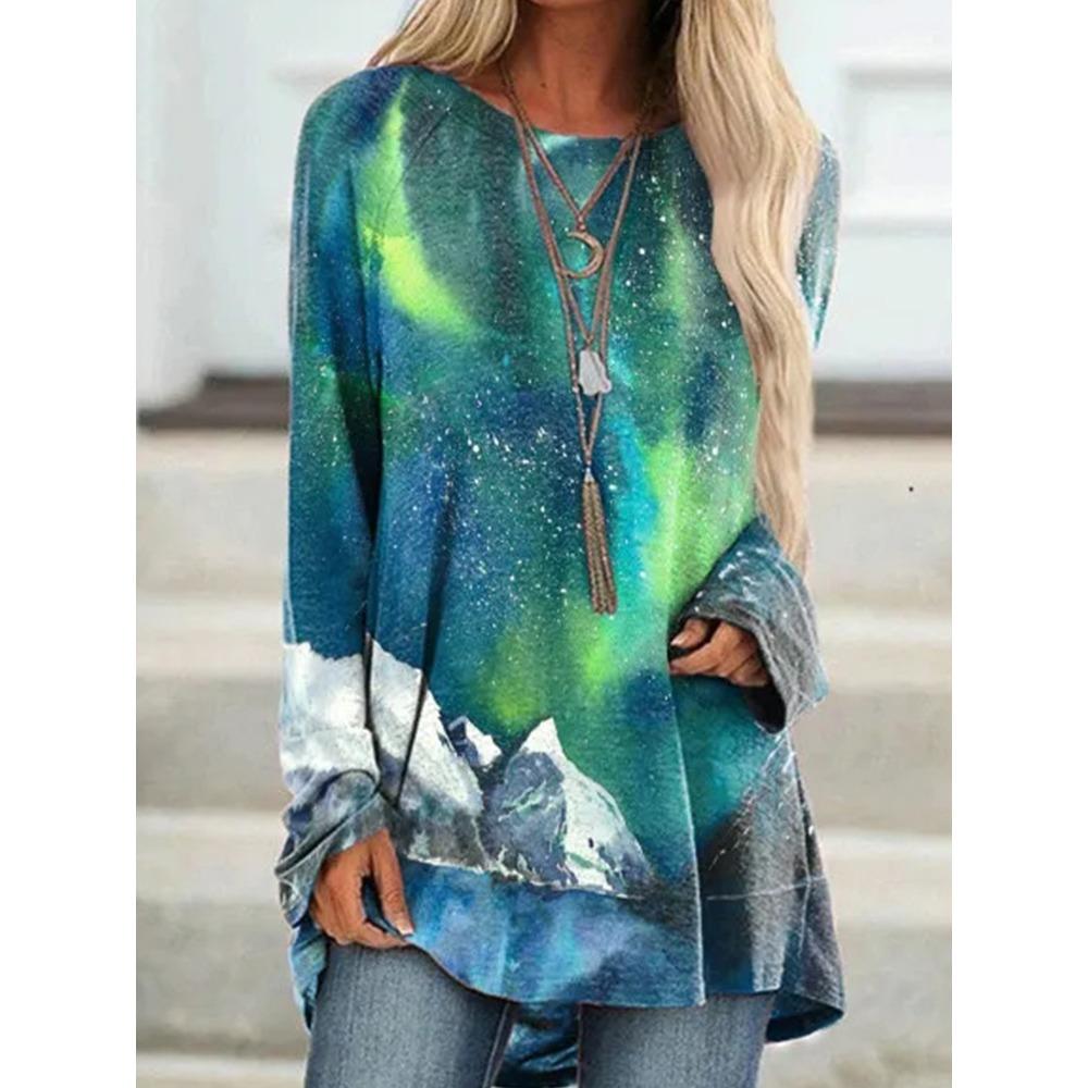 Large-sized Seaside Sunset 3D Printed Women's Round Neck Long Sleeve T-shirt Autumn Fashion Elegant Women's T-shirt Outdoor Casual Loose Top