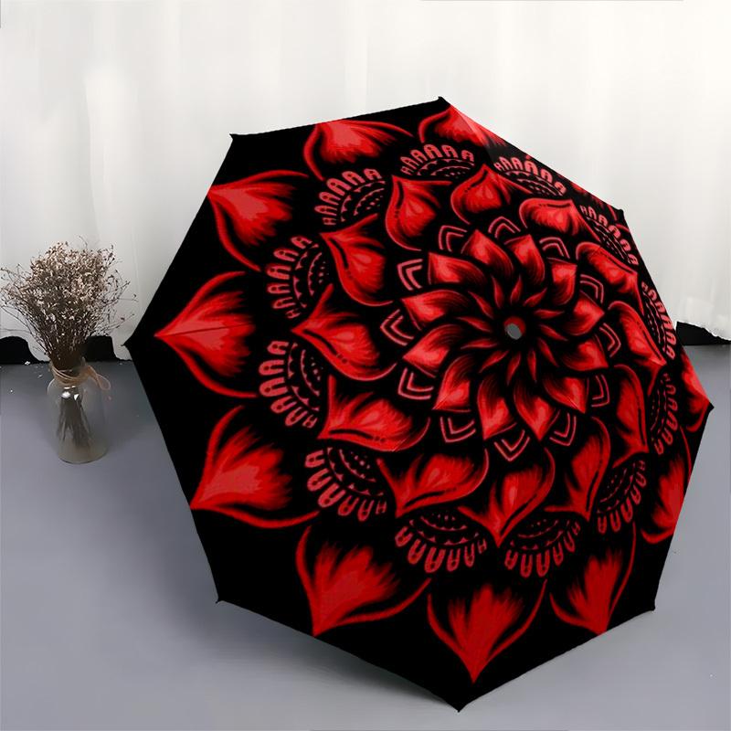 1pc Red, Mandala, Symmetry Umbrella with Plastic Handle,Compact & Stylish,Suitable for All Seasons YS331018