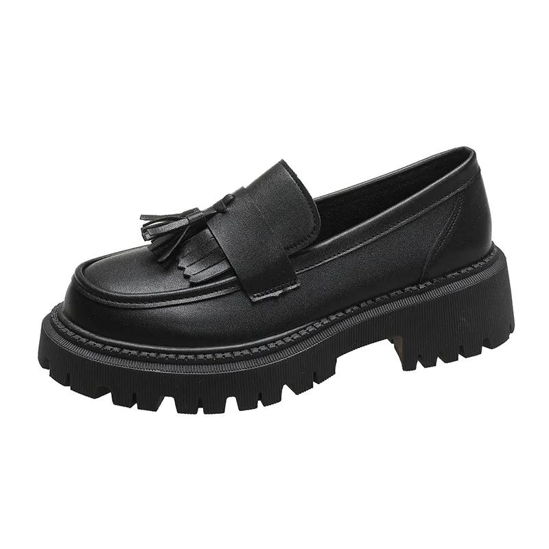 Fashion Women Loafers 2025 Spring New Tassel British Style Leather Shoes 35-42 Large-Sized Female Retro Home Office Low Heel Shoes Mujer