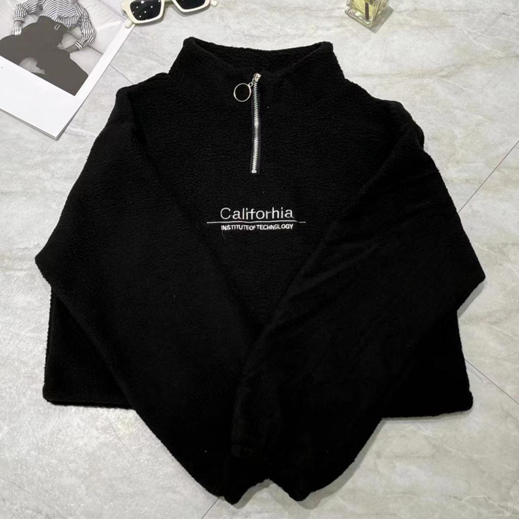 Verdicktes Lammvelours Herbst und Winter Kurzes Halbrollkragen-Reißverschluss-Sweatshirt für Damen Neues Plüsch Plüsch Verdicktes Lockeres Studenten-Oberteil