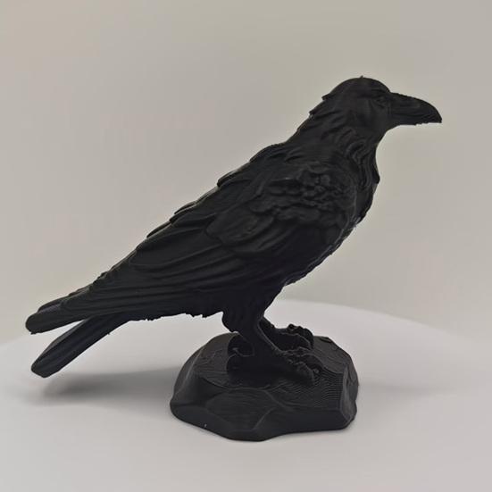 Nostalgie 3D Printed Crow Statue, Gothic Dark Academia Bird Sculpture, Matte Black Raven Figurine, Stable Rock Base for Desk Display Cabinet,