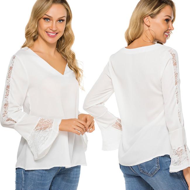Summer Women Fashion Solid Color Stitching Lace V-neck Casual Autumn Chiffon Top T-shirt
