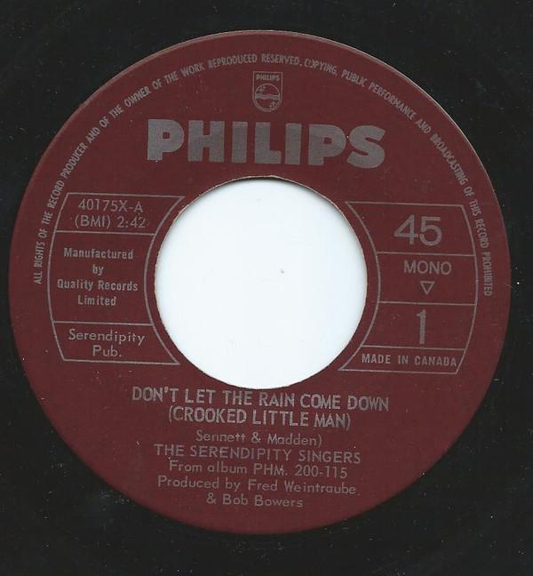 

7-дюймовая пластинка SERENDIPITY SINGERS Dont Let The Rain Come Down Crook 40175X Philips 1964 Великобритания Поп Б/у