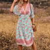Women's Fashionable V Neck Floral Print 3/4 Sleeved Bohemian Vacation Beach Dress