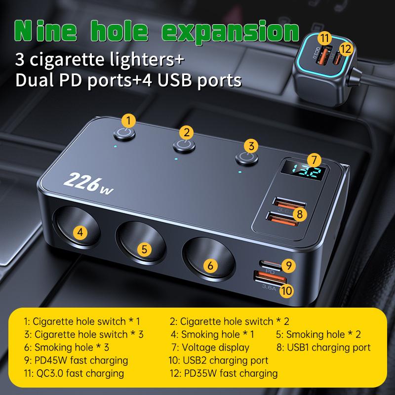 226W Car Charger Fast Charging Cigarette Lighter Split Adapter PD QC3.0 USB Voltage Display Front Rear Charge 12V 24V Truck SUV