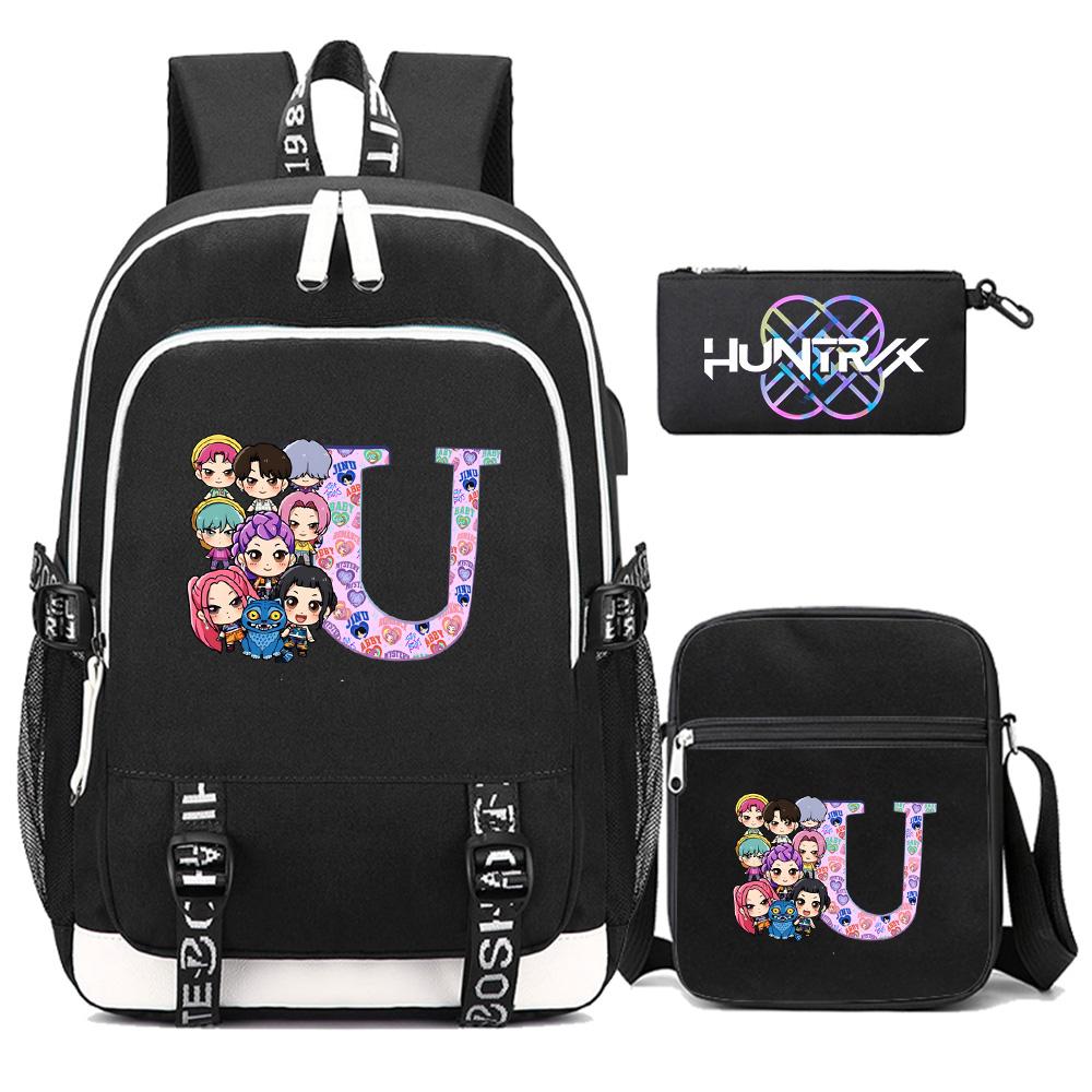 3Pcs/set 26 English Letter Kpop Printed Backpack with Shoulder Bag Pencil Case for Teenager Girl Boy Bookbag Large Capacity Waterproof Travel Bag