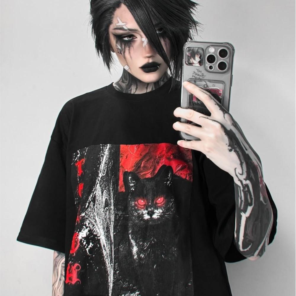 Harajuku Aesthetic Hip Hop Meower Graphic Print Y2K Cartoon Tops Womens Clothing Streetwear Short Sleeve Tshirt Men Unisex Punk