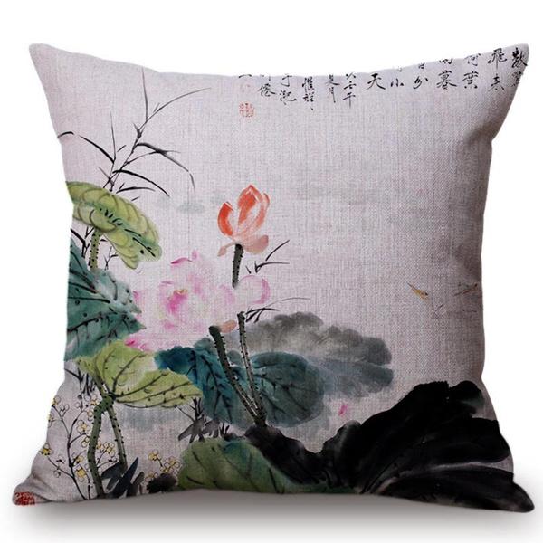 Chinese Vintage Watercolor Painting Lotus Cushion Cover Beautiful Elegant Home Decorative Summer Flowers Bird Throw Pillow Case