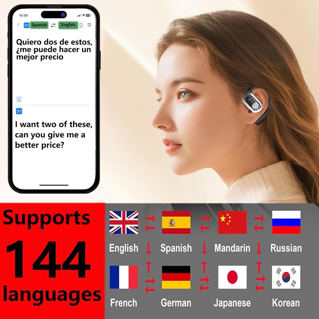 UYUXIO OWS AI Language Translator Earphone for iPhone Android with 144 Online Languages Real Time Translation Earbuds for