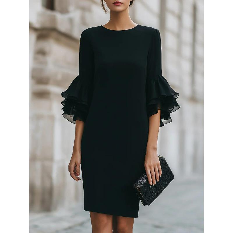 Women's Crew Neck Ruffle Bell Sleeve Mini Dress Loose Fit Elegant Party Dress