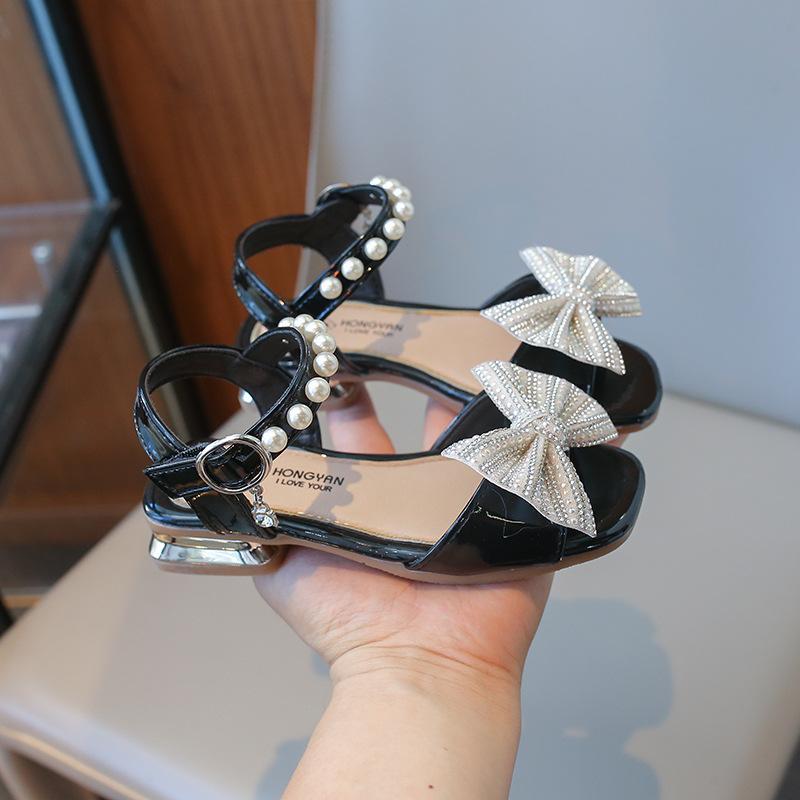 

Summer Girls Cute Bow Soft Sole High Heel Sandals Shiny Rhinestone Kids Sandals 26 чёрный