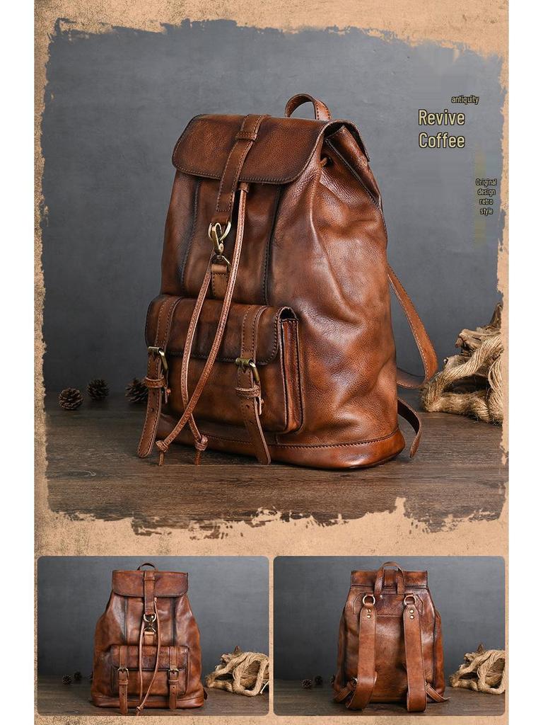 Chaozhou Vintage Handmade Leather Backpack for Casual Travel, 14-Inch Laptop Bag
