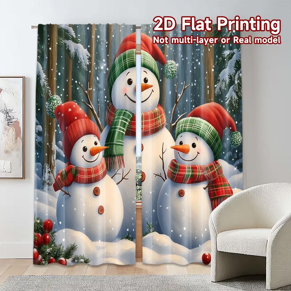 Set Of 2 Modern Curtains Charming Snowmen Winter Forest Pattern Durable Polyester Fabric Decorations Curtain