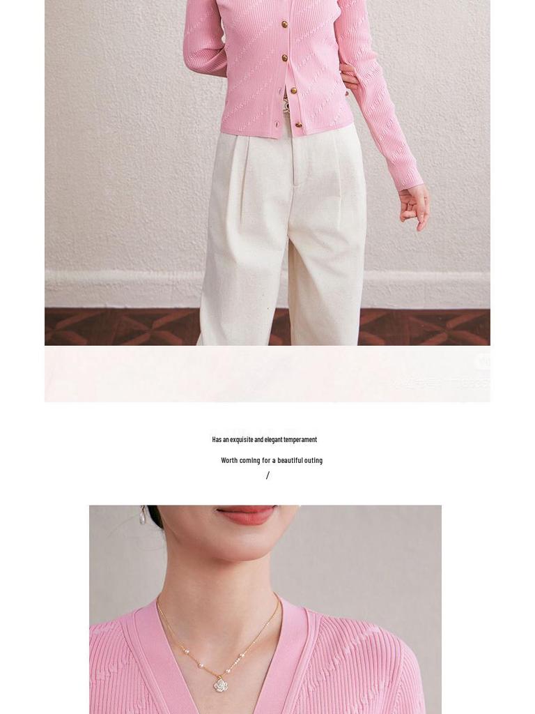 2025 Autumn/Winter V-neck Long Sleeve Single-Breasted Diagonal Stripe Knit Cardigan Outerwear