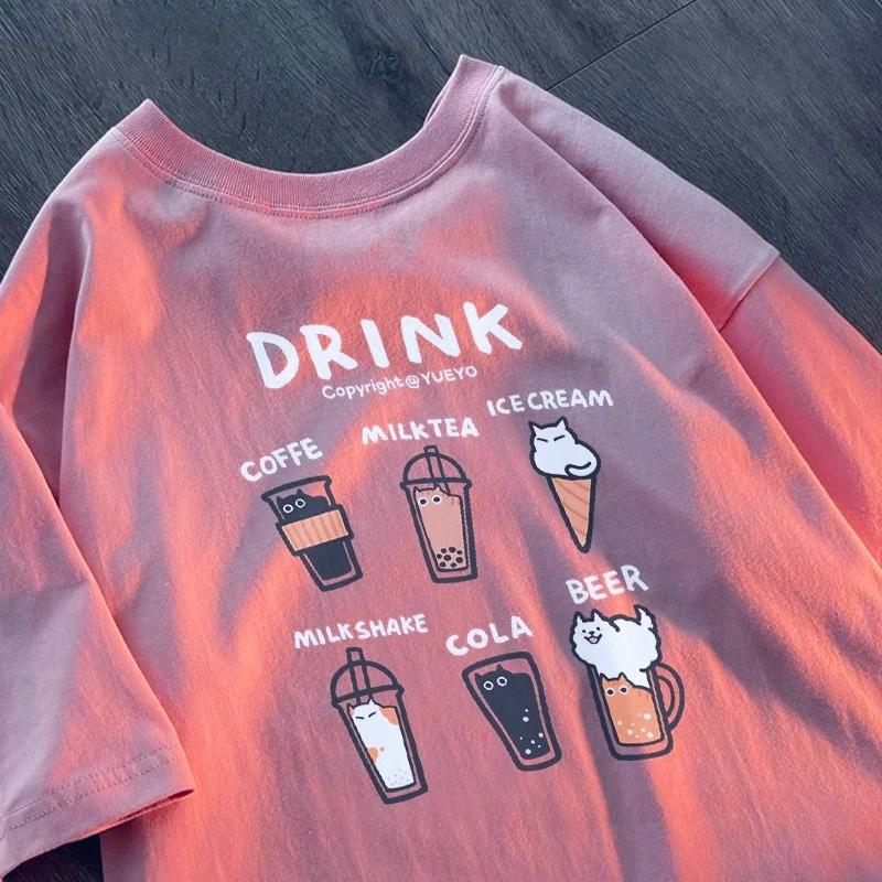 

Женская корейская футболка с принтом кота и букв, свободная, с коротким рукавом, мягкая, удобная, летняя, с круглым вырезом, простая уличная женская футболка 4XL