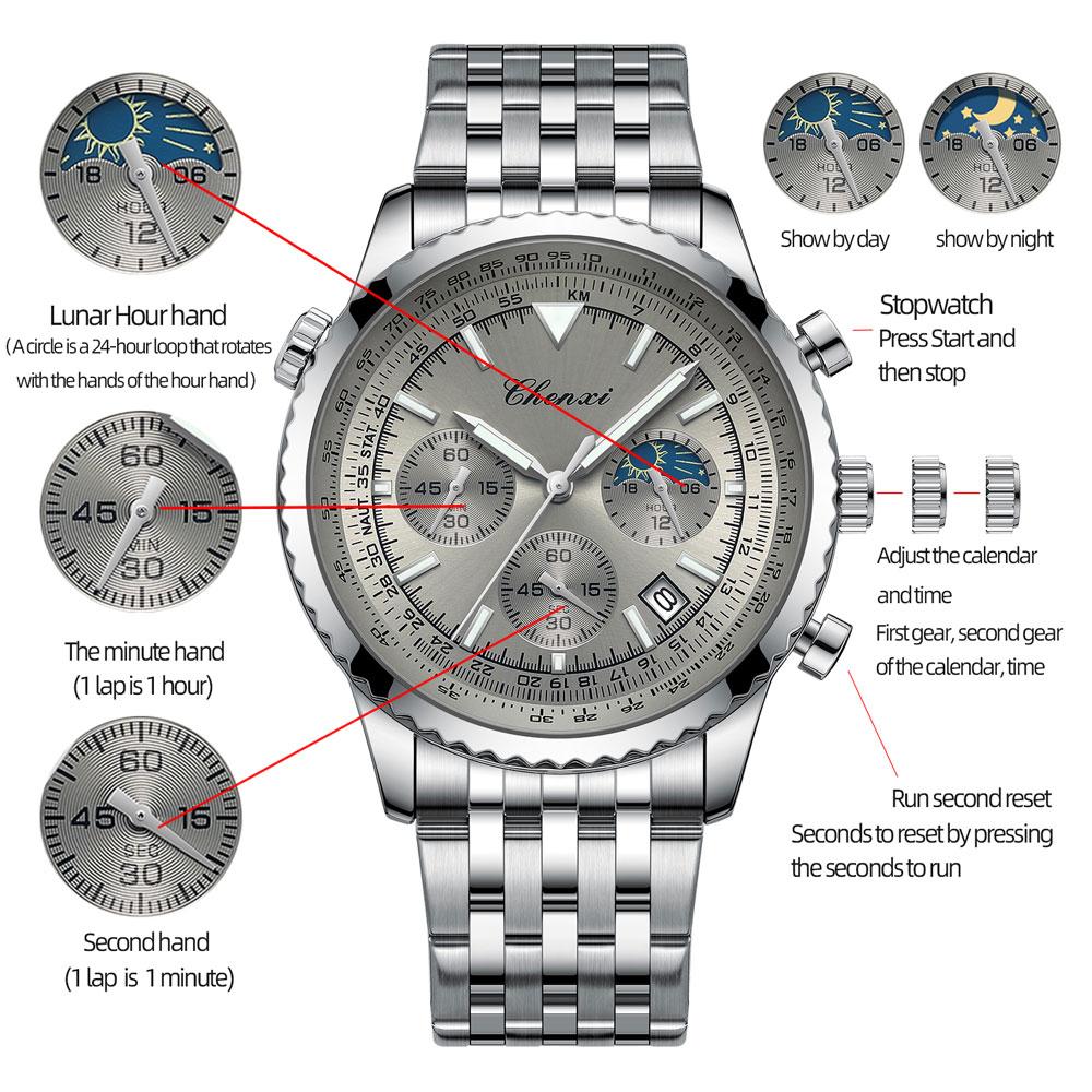 CHENXI Men's Watch Multifunction Classic Sport Quartz Moon Phase Chronograph Wristwatch Man Gifts Waterproof Reloj Hombre