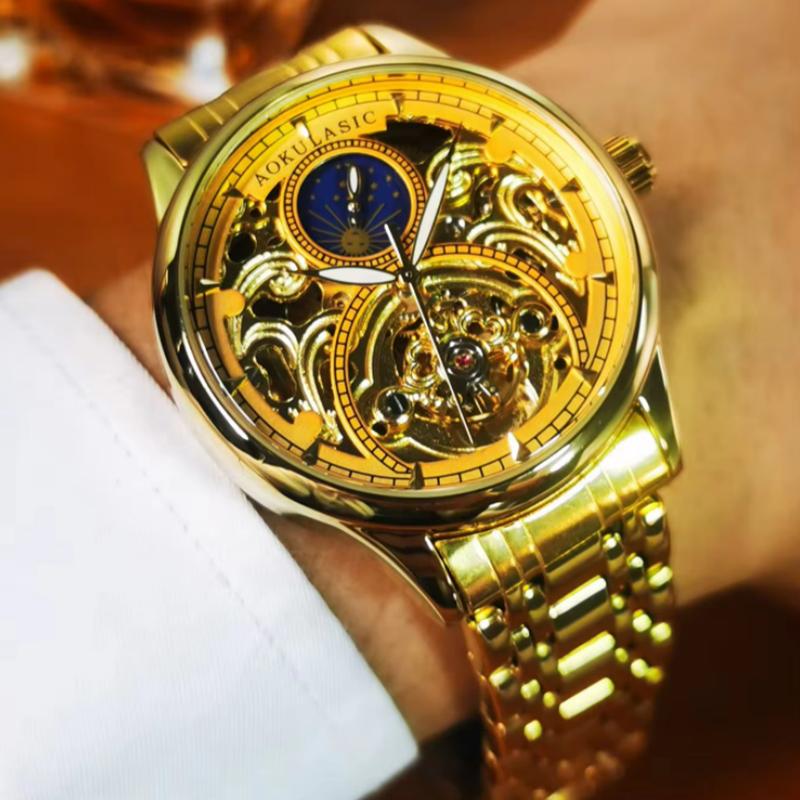 Royal Gold Skeleton Automatic Watch for Men Luxury Tourbillon Mechanical Watches Stainless Steel Strap Luminous Clock