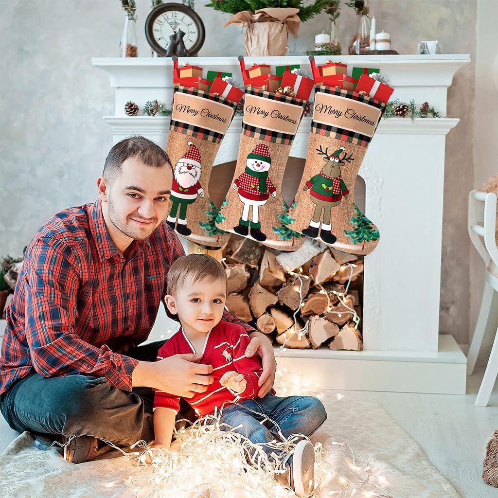 3pcs Christmas Stocking 16 Inch Linen Print Christmas Gift Stocking Hanging Christmas Stockings Gift Christmas Stocking Christmas Stocking for Window